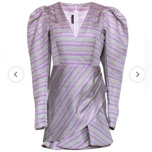 NWT [$320] Rotate Birger Christensen purple & green puffed sleeve dress.Sz 10UK